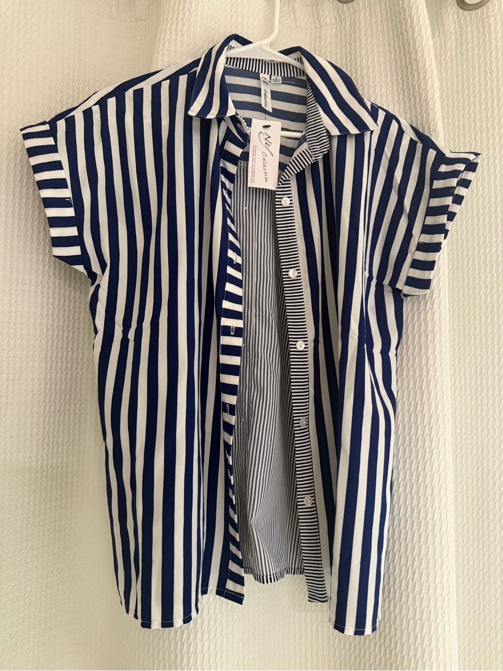 NY Collection Blue & White Striped Short-Sleeve Button-Up Shirt